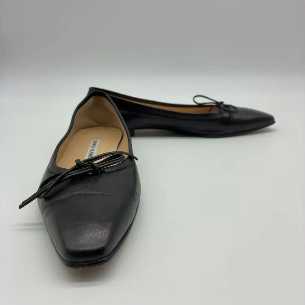 Manolo Blahnik Black Leather Pointed Toe Ballet Flats